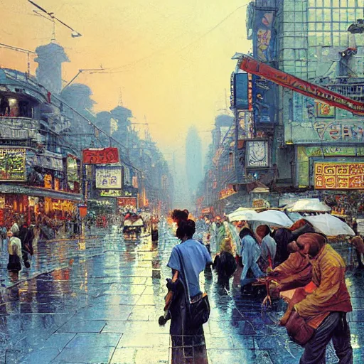 Prompt: Osaka street city hyperrealism, no blur, 4k resolution, ultra detailed, style of John Berkey, Norman Rockwell, Hans Thoma, Ivan Shishkin, Tyler Edlin, Thomas Kinkade