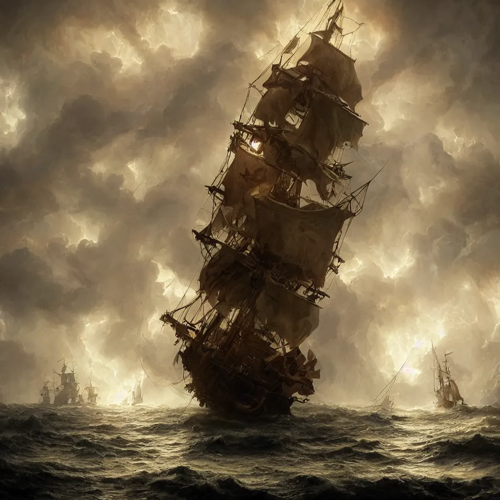 Image similar to pirate ship in a storm, hurricane, fantasy epic legends stylized digital illustration radiating a glowing aura illumination ray tracing hdr fanart arstation, 8 k, art by greg rutkowski, ultra detailed