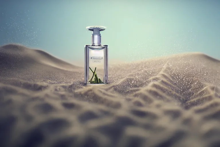 Prompt: perfume bottle buried frosted flowers, dramatic, mid day, blurry sand dune background, large scale, hyperrealistic, lots of detail, realistic lighting, octane render, by wlop, artgerm, trending on artstation