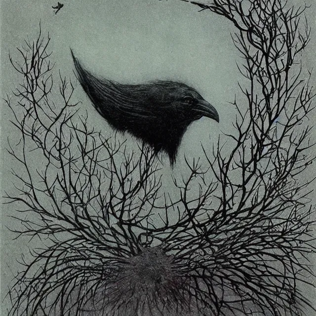 Image similar to crow girl in thorns by Beksinski