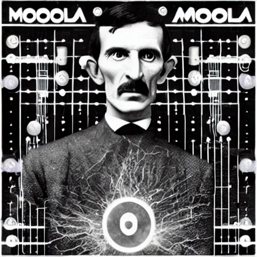 Image similar to Nikola Tesla and Aphex Twin on the moog synthesizer, rolling stones cover