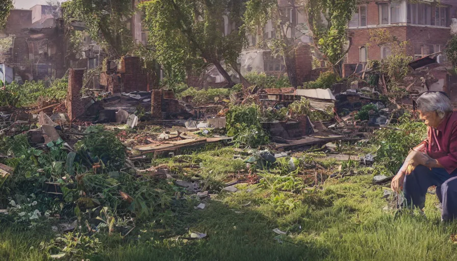 Image similar to old lady working in a craft garden in washington dc's ruins, vegetation, collapsed buildings, debris, cloudy day, volumetric light, hyperdetailed, artstation, cgsociety, 8 k