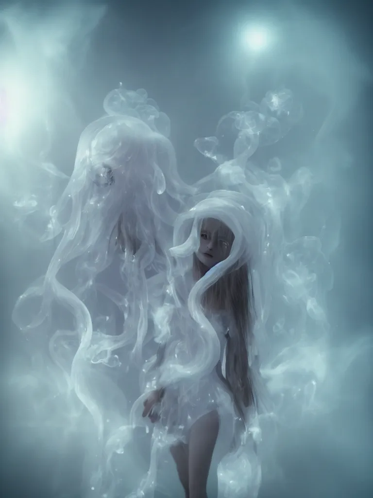 Image similar to cute fumo plush beautiful ectoplasmic gothic skeletal jellyfish ghost girl, glowing milky wisps of hazy smoke and volumetric fog, lens flare, subsurface scattering, vignette, asymmetry, bokeh, refraction, vray