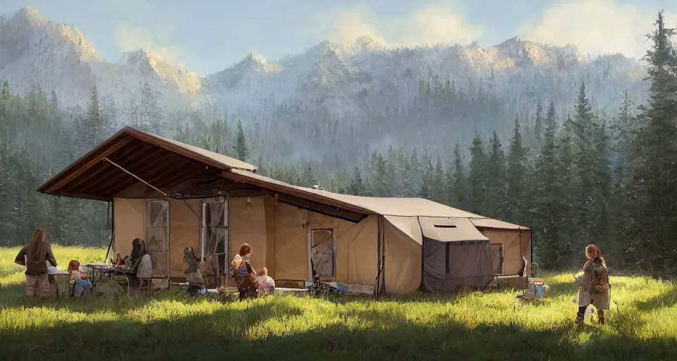 Image similar to cabela's beautiful comfortable modular insulated wall kit - house all weather family dwelling tent house, person in foreground, mountainous forested wilderness open fields, beautiful views, painterly concept art, joanna gaines, environmental concept art, farmhouse, magnolia, concept art illustration, by james gurney, by craig mullins, by greg rutkowski trending on artstation