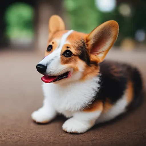 Image similar to a cute corgi puppy eating icecream, Sigma 85mm f/1.4