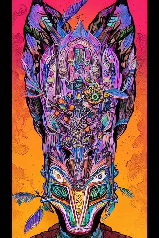 Image similar to animal mask totem roots flower tribal feather gemstone plant wood rock shaman vodoo video game vector cutout illustration vivid multicolor borderlands comics by josan gonzales and dan mumford radiating a glowing aura