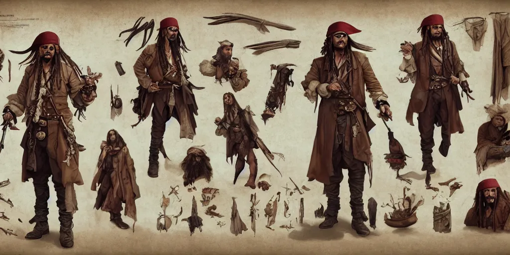 Prompt: jack sparrow, character sheet, concept design, contrast, kim jung gi, greg rutkowski, zabrocki, karlkka, jayison devadas, trending on artstation, 8 k, ultra wide angle, pincushion lens effect