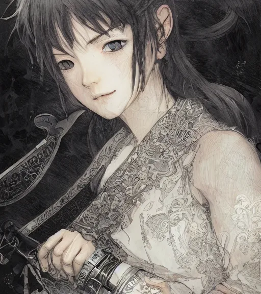 Image similar to portrait of anime girl holding a cleaver, pen and ink, intricate line drawings, by craig mullins, ruan jia, kentaro miura, greg rutkowski, loundraw