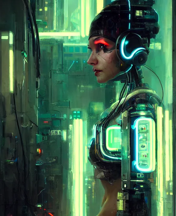 Prompt: portrait of cute robot cyborg woman, wires, neon lights, striking eyes, cyberpunk, highly detailed painting by jeremy mann and cd projekt red