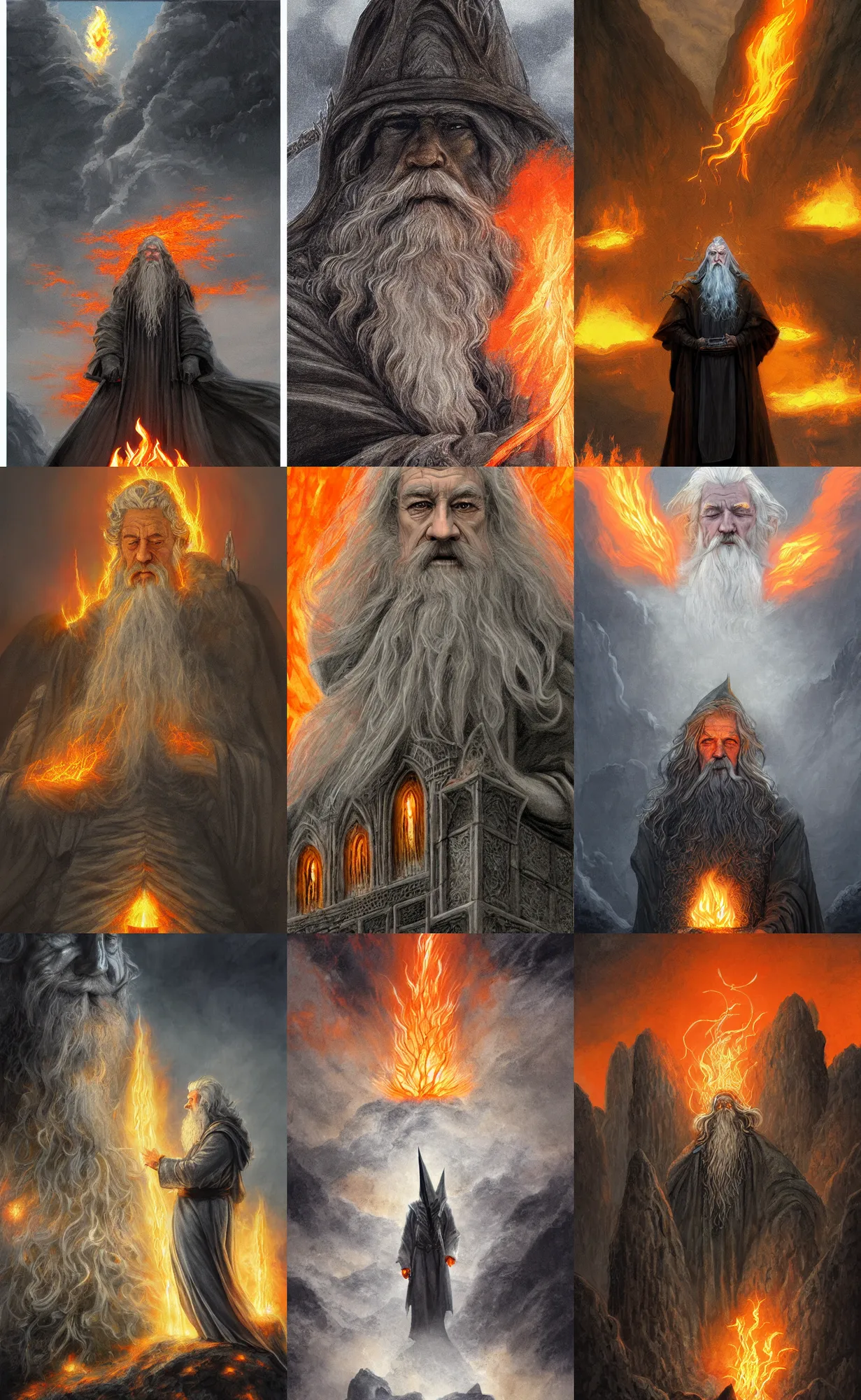Prompt: gandalf the wizard surrounded by a billowing cloud of blinding orange flame and pitch black smoke by alan lee, intricate, detailed, dwarven stonework and pillars, digital painting, artstation