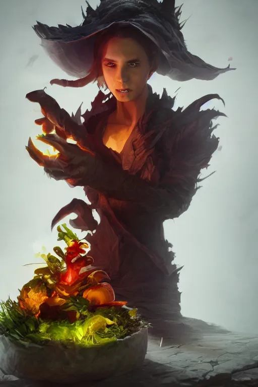 Image similar to sorcerer made entirely of vegetables, dark fantasy, by artgerm and greg rutkowski, octane render, trending on artstation,