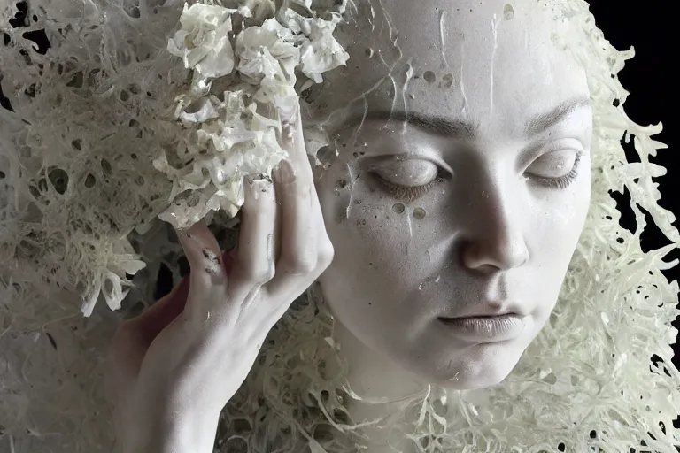 Image similar to a sculpture of a stunningly beautiful woman with flowing tears, fractal flowers on the skin, intricate, a marble sculpture by nicola samori, behance, neo - expressionism, marble sculpture, made of mist, still frame from the prometheus movie by ridley scott with cinematogrophy of christopher doyle, arri alexa, 8 k