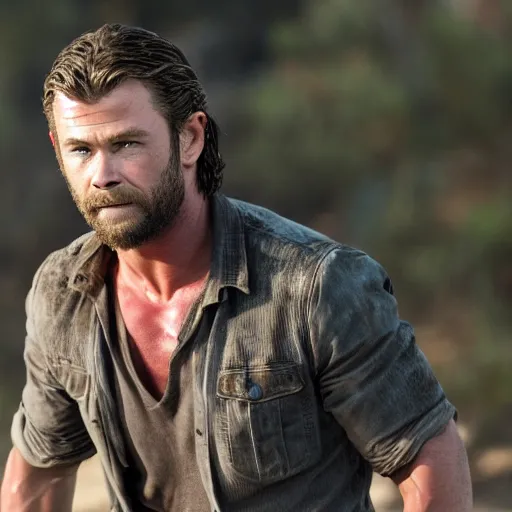 Image similar to chris hemsworth as rick grimes, 4k, high detail, high-resolution photograph, professional photography, ultra-detail