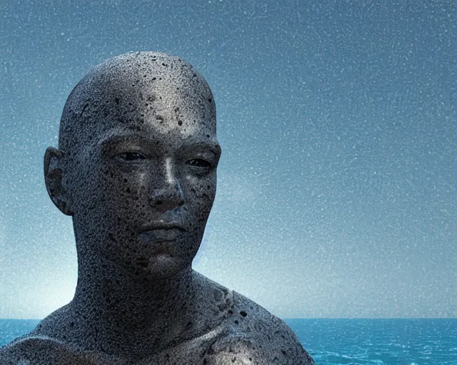 Image similar to a sculpture of a human head in space on the surface of the ocean, in the style of chad knight, hyper - realistic, very detailed, realistic water, ray tracing, 8 k resolution, long - shot, sharp focus, low angle, 8 5 mm photograph, wide lens