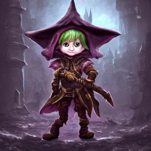 Prompt: cute tiny goblin girl wearing hunter armor from Bloodborne and a wizard hat, geeen skin, d&d, Newgrounds