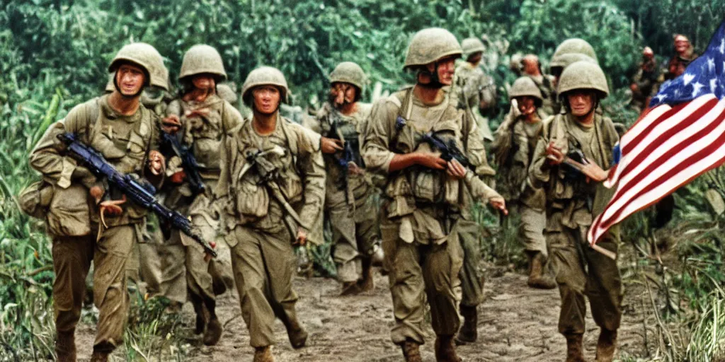 Image similar to u. s. marines move through a landing zone 1 9 6 9, vietnam war, soldiers closeup, face closeup, us flag, jungles in the background, coloured film photography, exposed colour film, ken burns photography lynn novick photography