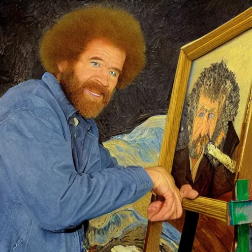 Image similar to ! bob ross! at his easel, painting a van gogh picture