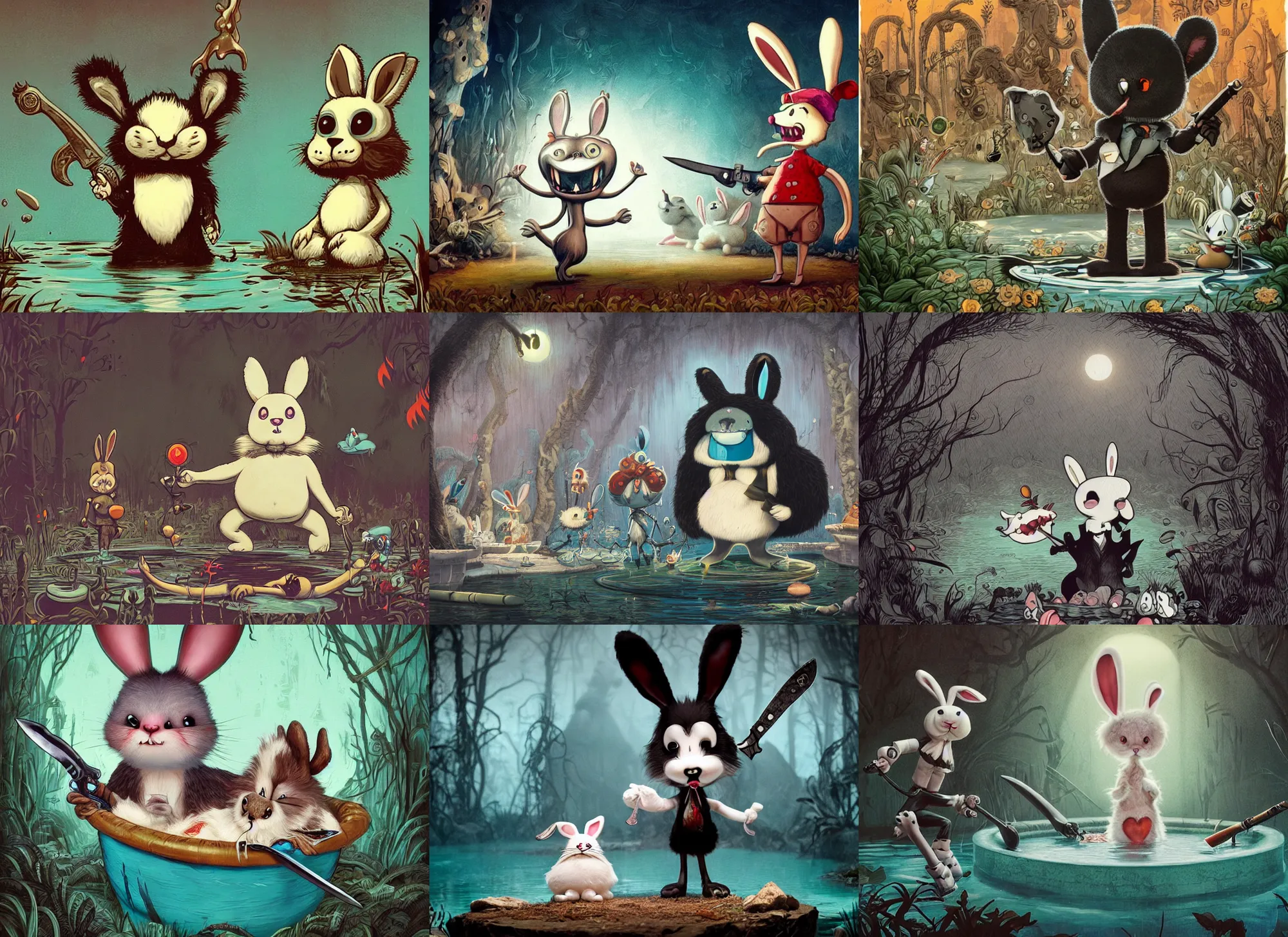 Prompt: a cute fluffy bunny with an insane expression, stands in a pool of water, holding a black steel bowie knife. dark dance photography, intricate detailed 8 k environment, gary baseman, preston blair, tex avery, dan mumford, pedro correa, high times magazine aesthetic