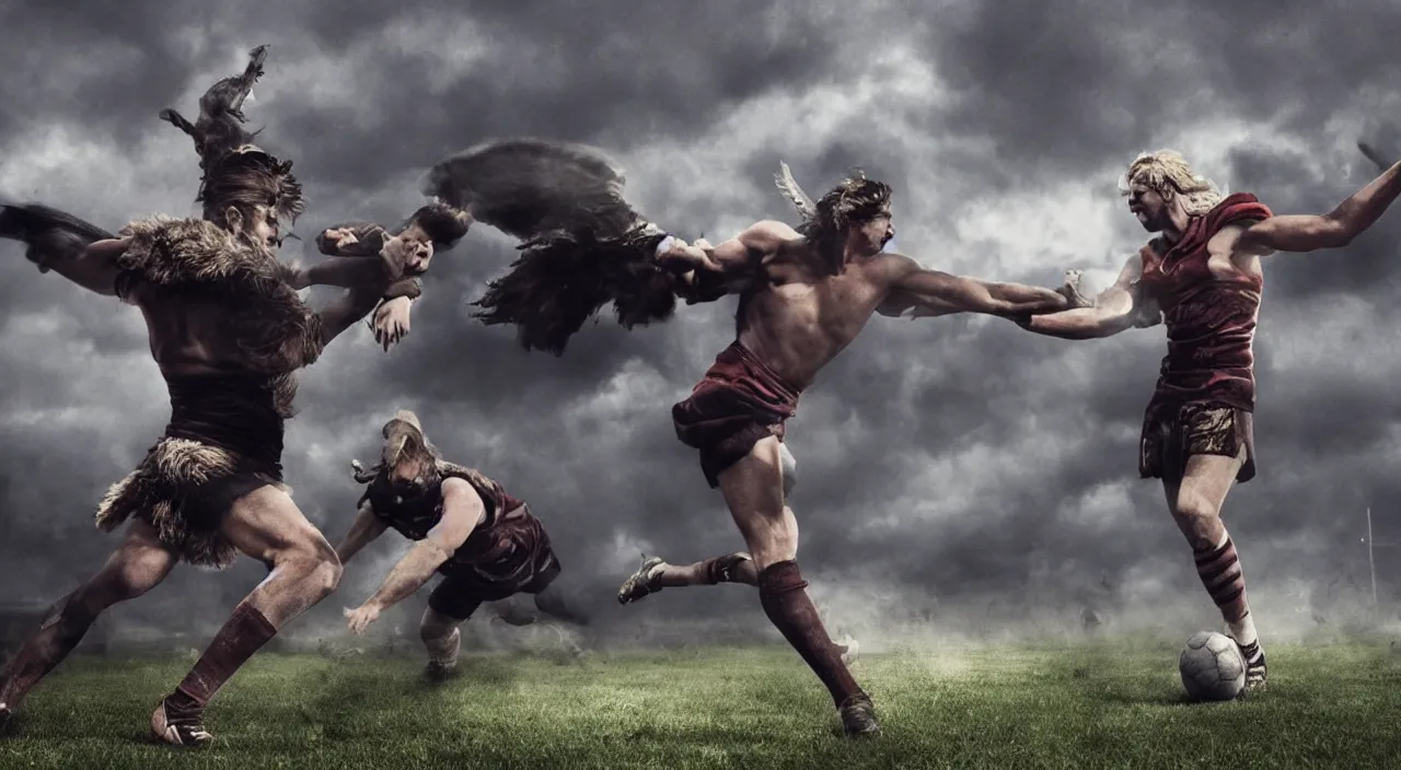 Image similar to odin playing football vs zeus in stadium in valhalla, cinematic style