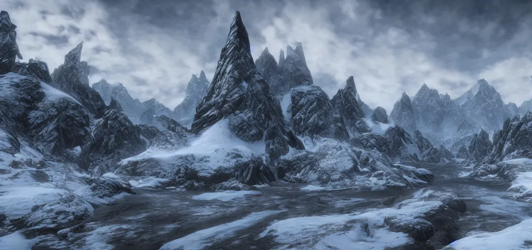 Prompt: skyrim throat of the world mountain as seen from whiterun, skyrim, elder scrolls, winter weather, landscape photography, professional photography, 8k realism, hyper realism, wide shot