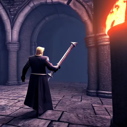 Prompt: donald trump in dark souls, ps 5 screenshot, isometric view, third person gameplay, boss battle, 3 d render, cryengine, highly detailed