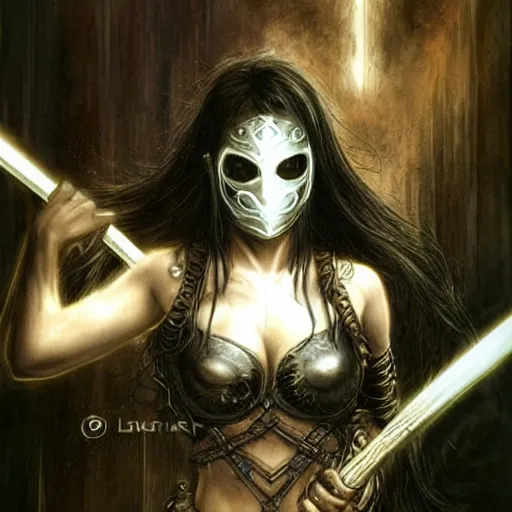 Image similar to female warrior with mask, black hair, glowing sword, cinematic, by luis royo