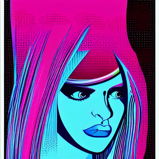 Image similar to a closeup of a woman biting her lip, in retro colors, synthwave style, 2 d digital vector art