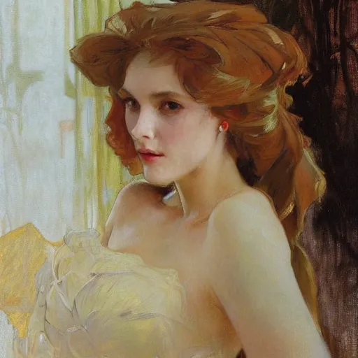 Image similar to portrait of a beautiful woman by gil elvgen, greg manchess, mucha, sorrolla, john singer sargent