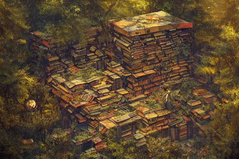 Prompt: aerial view of abandoned library in the forest, exposed books on wooden shelves, overgrown, volumetric light, golden hour, digital concept art, artstation, cgnation, photoshop, incredible artwork by gerald brom + bruce pennington + keith parkinson + tom white