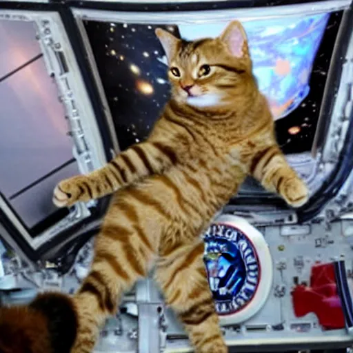 Image similar to cat astronaut gives a handshake to donald trump