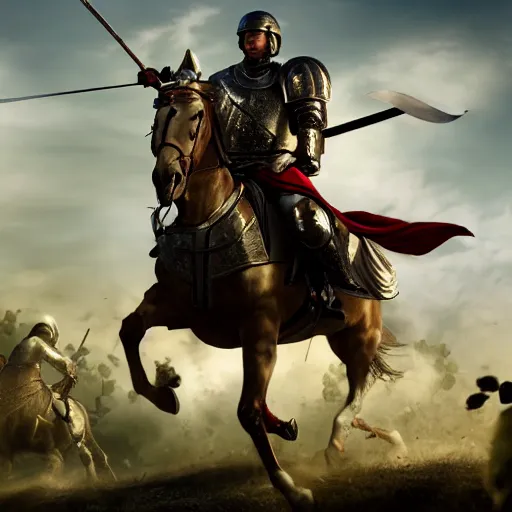 Image similar to a hero from the war of the roses riding an armored horse into battle with a lance and shield, epic, glory, high detail cinematic lighting