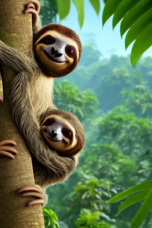 Image similar to happy sloth climbing a tree in a tropical forest holding one cup of coffee . Pixar Disney 4K 3d render funny animation movie Oscar winning trending on ArtStation and Behance. Ratatouille style.