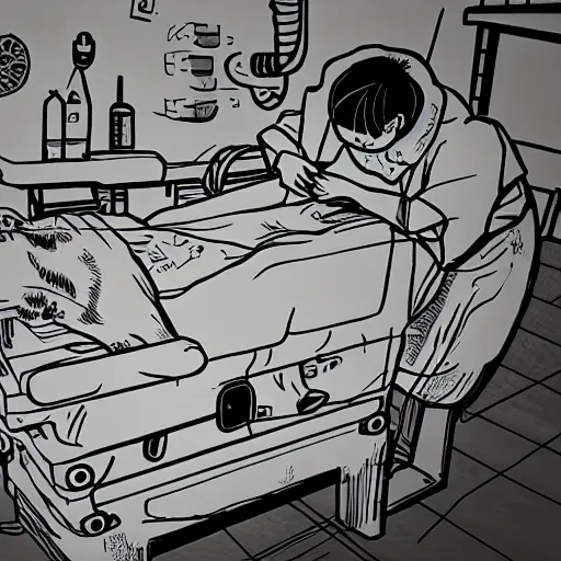 Image similar to chinese surgery operating table, in the style of daniel johnston, 4k, line brush, minimal, overlaid with traditional chinese adverts