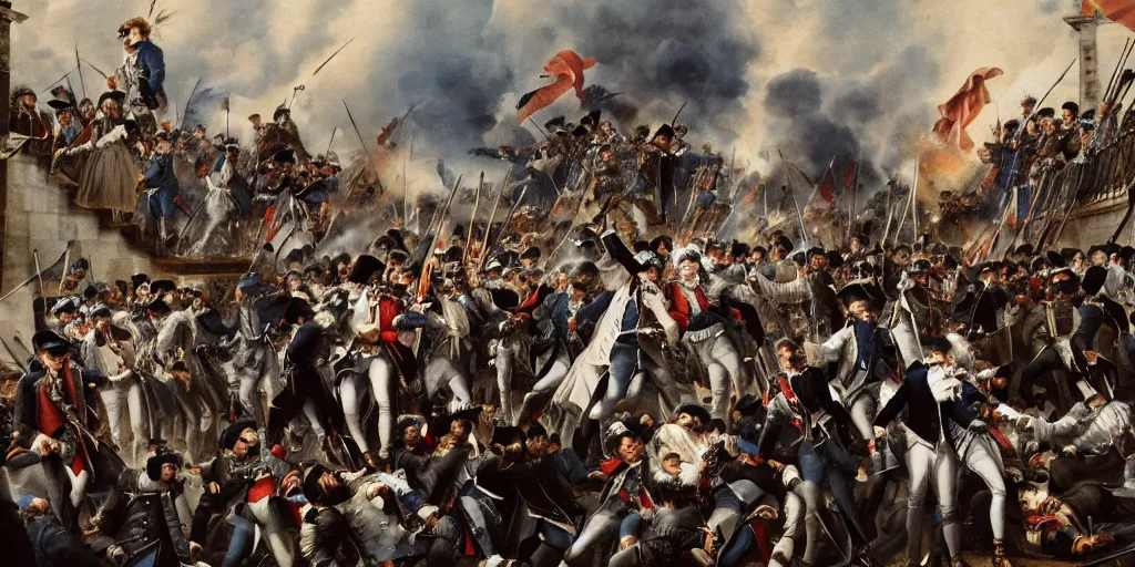 Image similar to fashion editorial french revolution storming of the Bastille. wide angle shot. highly detailed. photography.