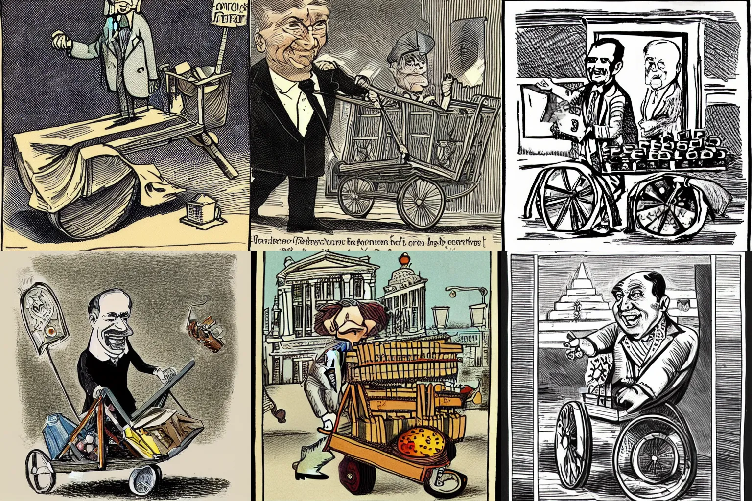 Prompt: caricature of a politician pulling a cart full of symbolic objects, political cartoon (2015)