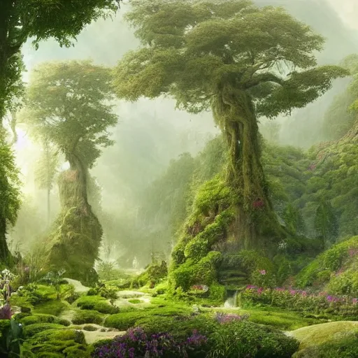 Image similar to a beautiful and highly detailed matte painting of a fantasy floral garden in a fantastic forest in the lush valley high in the most epic mountains ever, intricate details, epic scale, insanely complex, 8 k, sharp focus, hyperrealism, very realistic, by caspar friedrich, greg rutowski, james gurney