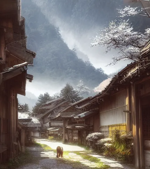 Image similar to walking around rural shirakawa - go, gifu, japan. volumetric lighting, spring late morning, nice slight overcast weather, realistic illustration, perfectly shaded, soft painting, low angle, art by krenz cushart and wenjun lin