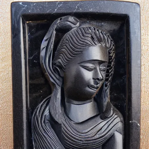 Image similar to a beautiful hand carved portrait of a pretty girl made of black marble, dynamic pose