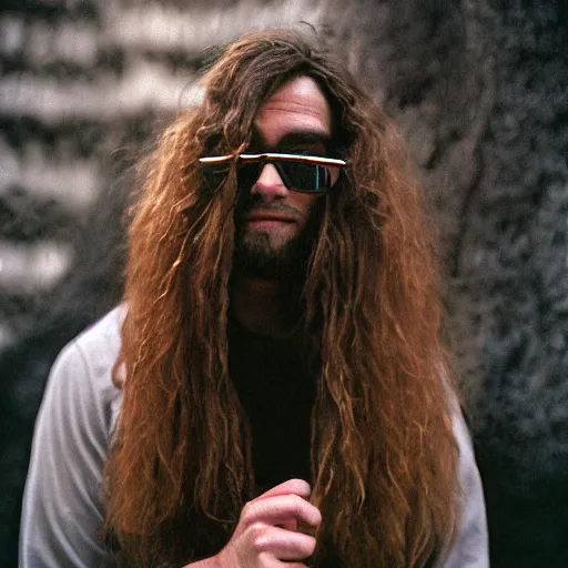 Prompt: a photo of a handsome guy with very long brownish! hair, with nerdy glasse falling down a hole, kodak portra 4 0 0, 8 k, highly detailed, britt marling style