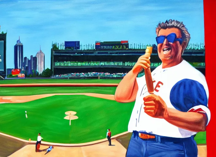 Image similar to painting of harry caray singing take me out to the ball game, malort bottle in hand, wrigley field background, blue sky, baseball, sharp,