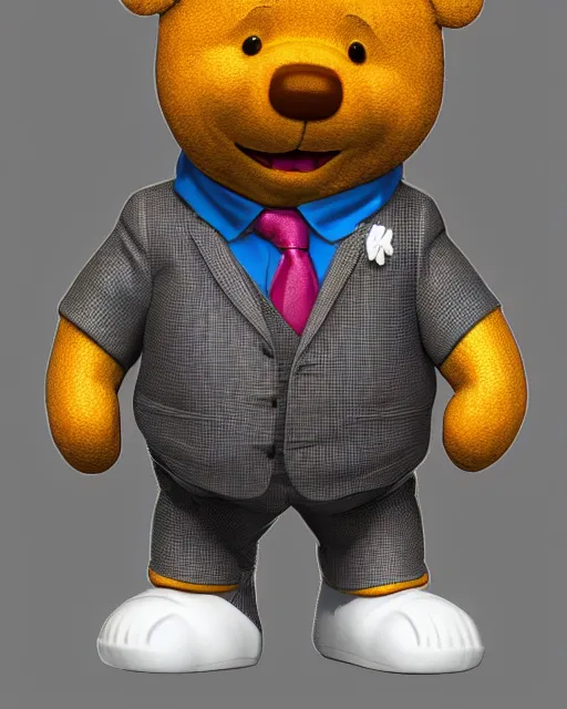 Image similar to full body 3d render of angry winnie-the-pooh wearing a suit as a funko pop, studio lighting, white background, blender, trending on artstation, 8k, highly detailed