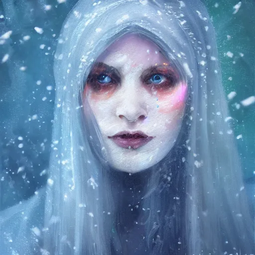 Image similar to ‘ icewind dale ’ themed womanly portrait by ‘ justin sweet ’, frost blue mask, falling snow, soft focus, oil paint,