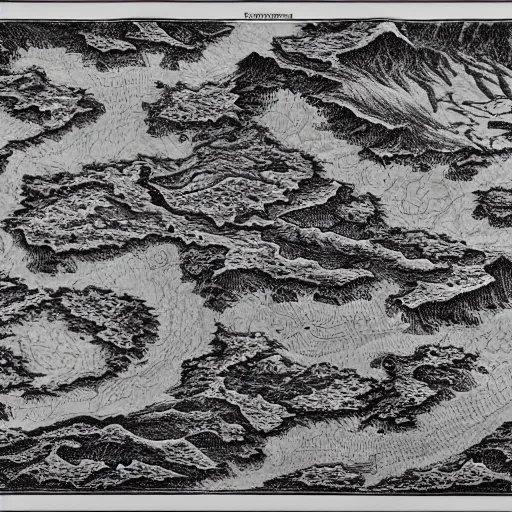 Image similar to topographical map of a fantasy world, drawing, monsters