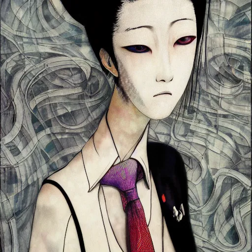 Image similar to yoshitaka amano blurred and dreamy realistic illustration of a woman with black eyes and white hair wearing dress suit with tie, junji ito abstract patterns in the background, satoshi kon anime, noisy film grain effect, highly detailed, renaissance oil painting, weird portrait angle, blurred lost edges, three quarter view