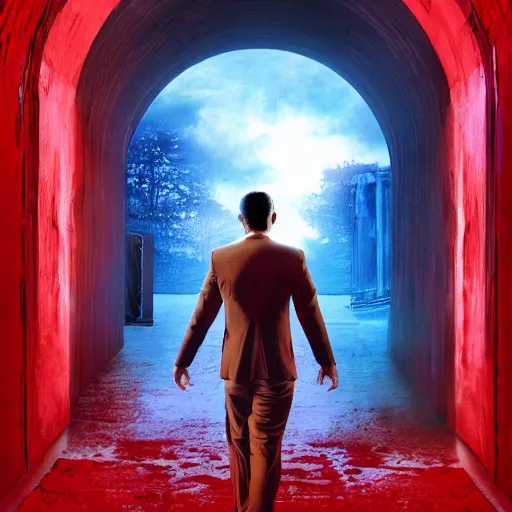 Prompt: the man comes out of the red portal