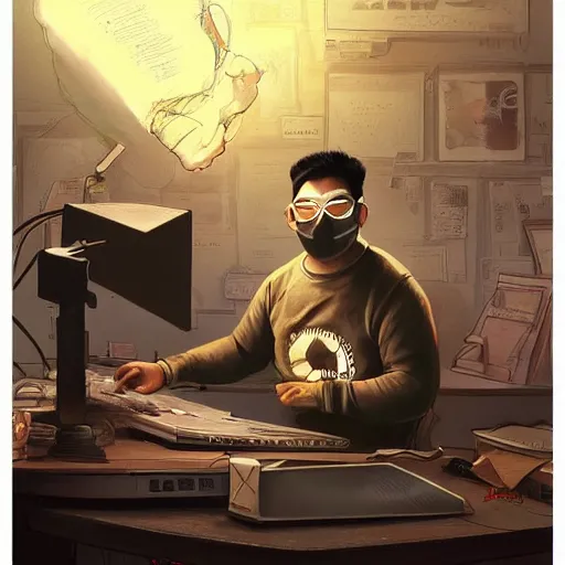 Image similar to an insanely detailed painting of a chubby nerdy asian man wearing a homemade superhero costume and mask, sitting at a computer desk typing on the keyboard, in the style of peter mohrbacher, dramatic lighting and composition, trending on artstation, concept art, comic book, graphic novel, back view