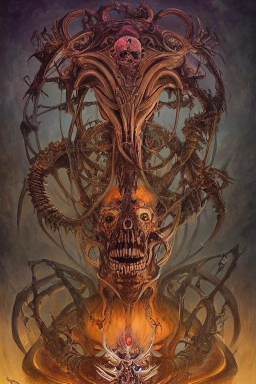 Image similar to evil gigantic alien skull lord of death, fantasy painting, ultra realistic, wide angle, art nouveau, intricate details, rainbowshift, vivid colors, highly detailed by peter mohrbacher, h. r. giger, maxfield parrish, aaron horkey, gaston bussiere, craig mullins