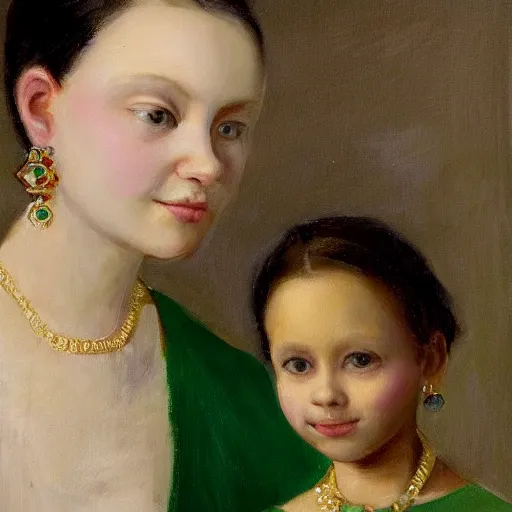 Image similar to a portrait of a young girl wearing an emerald earring. The girl is looking over her shoulder at the viewer with a sly expression on her face. naturalistic style with soft, muted colors. The girl's face is the only part of the painting that is in sharp focus. The rest of the painting is done in a soft, blurry style. The girl's face is lit from the left, creating a soft, halo-like effect around her head. The emerald earring is the only source of light in the painting. an oil tronie painting by Johannes Vermeer.