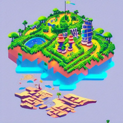 Image similar to isometric island in the sky, isometric invironment, 3d art, isometric art, amazing detail, artstation, concept art, behance, neon blue background