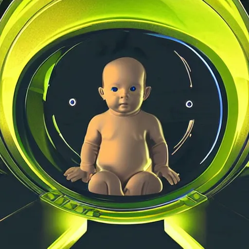 Prompt: a cyborg baby growing in a sci - fi gestation pod, a very cyberpunk scene ; graphic art